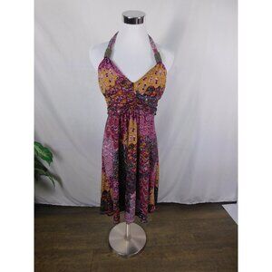 Boho Paisley Halter Dress Womens Medium Multicolor Beaded Empire Waist Summer